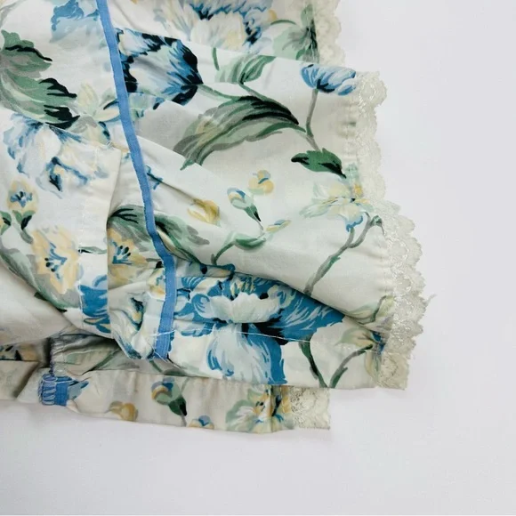 Vintage Blue Floral Cotton Lace Ruffle Trim 2 Standard Pillowcases & Flat Sheet - Picture 12 of 14